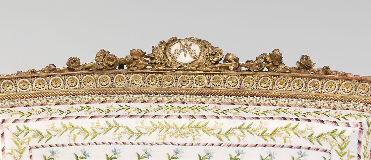 Armchair (bergère) (part of a set), Jean-Baptiste-Claude Sené (1748–1803), Carved, painted and gilded walnut; modern cotton twill embroidered in silk, French, Paris