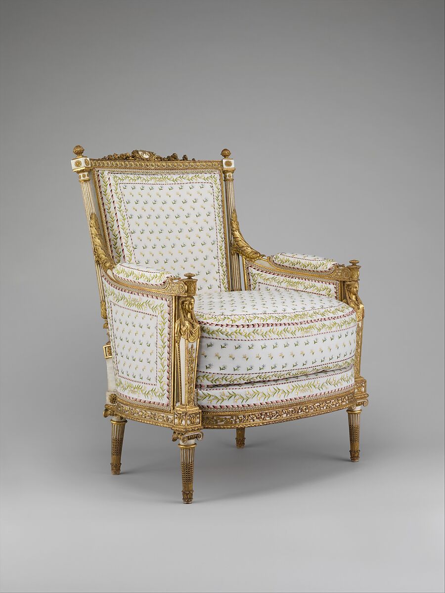 Armchair (bergère) (part of a set), Jean-Baptiste-Claude Sené (1748–1803), Carved, painted and gilded walnut; modern cotton twill embroidered in silk, French, Paris 