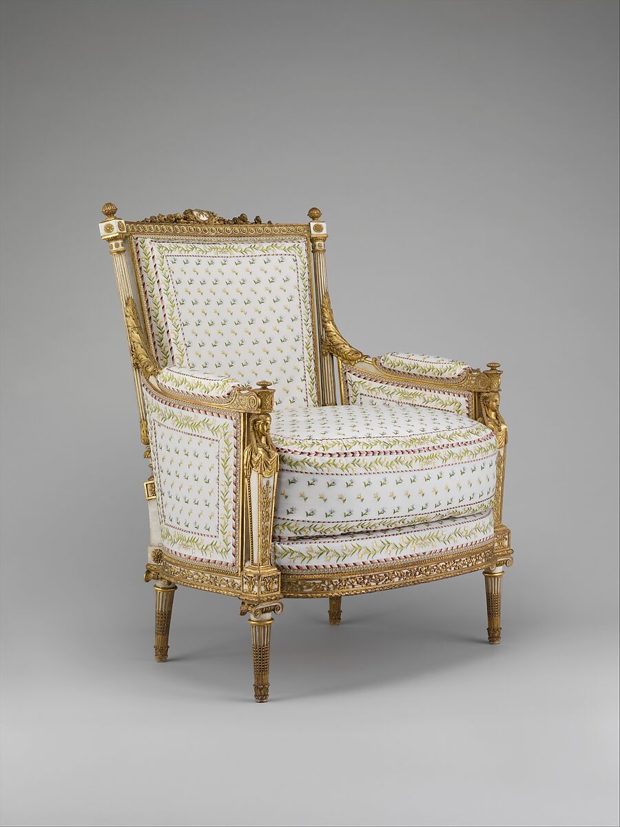 Armchair (bergère) (part of a set), Jean-Baptiste-Claude Sené, Carved, painted and gilded walnut; modern cotton twill embroidered in silk, French, Paris