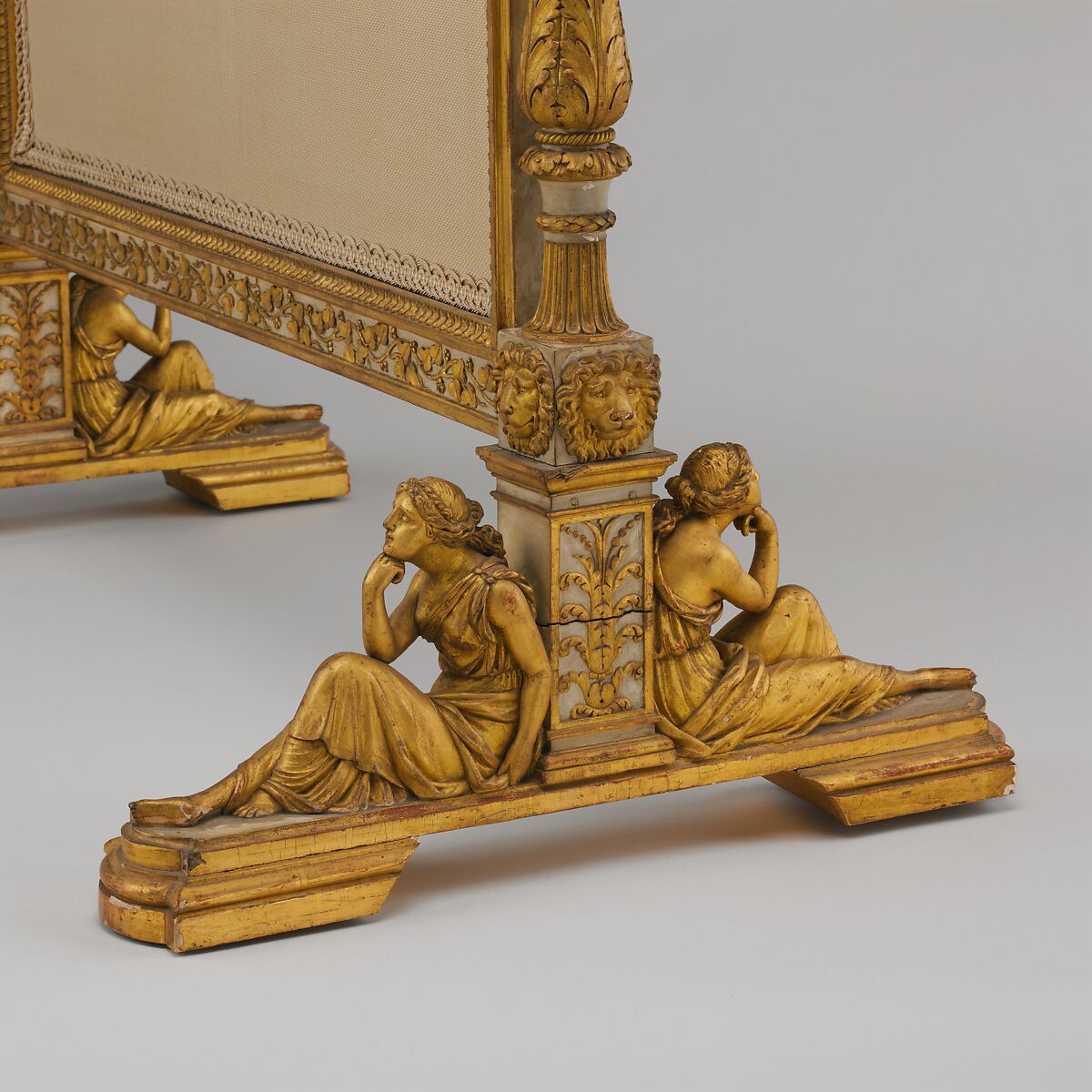Fire screen (Écran) (part of a set), Jean-Baptiste-Claude Sené (1748–1803), Carved, painted and gilded walnut; modern cotton twill with silk embroidery, French, Paris