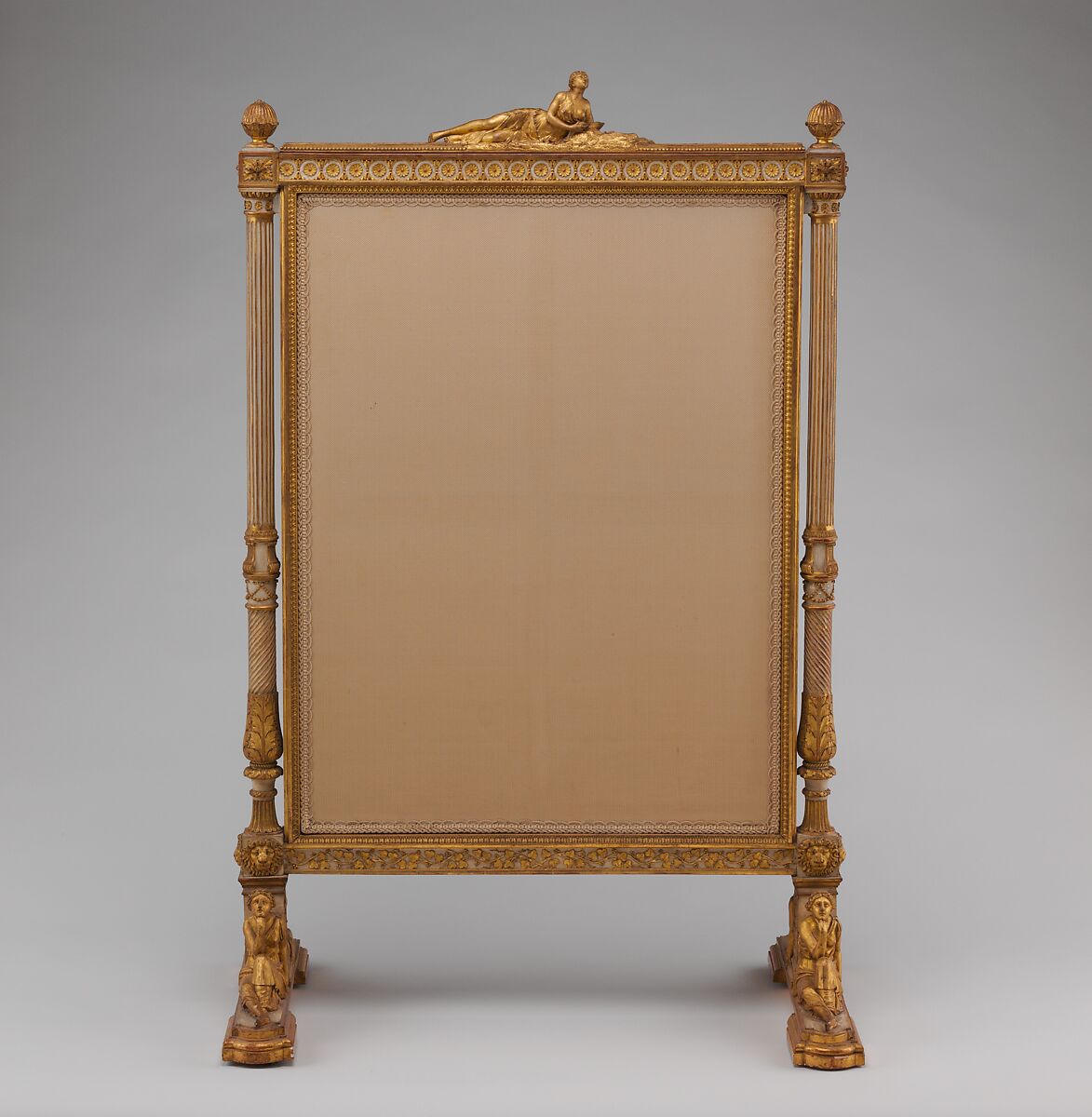 Fire screen (Écran) (part of a set), Jean-Baptiste-Claude Sené (1748–1803), Carved, painted and gilded walnut; modern cotton twill with silk embroidery, French, Paris