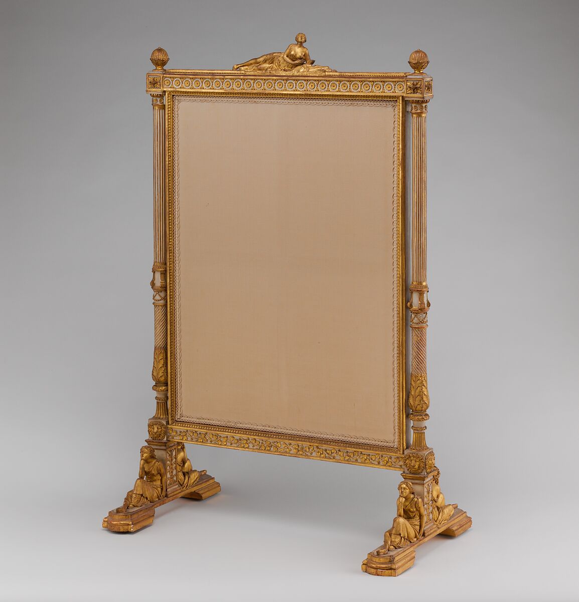 Fire screen (Écran) (part of a set), Jean-Baptiste-Claude Sené (1748–1803), Carved, painted and gilded walnut; modern cotton twill with silk embroidery, French, Paris