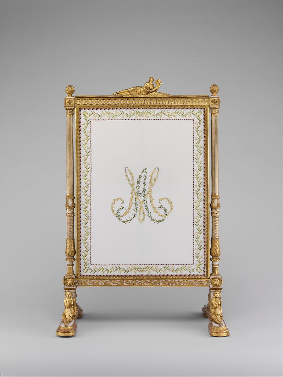 Fire screen (Écran) (part of a set), Jean-Baptiste-Claude Sené (1748–1803), Carved, painted and gilded walnut; modern cotton twill with silk embroidery, French, Paris 