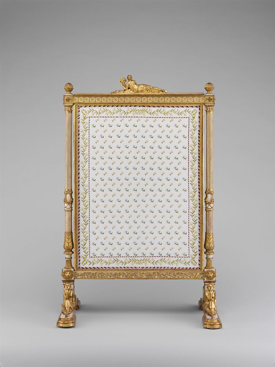 Fire screen (Écran) (part of a set), Jean-Baptiste-Claude Sené (1748–1803), Carved, painted and gilded walnut; modern cotton twill with silk embroidery, French, Paris