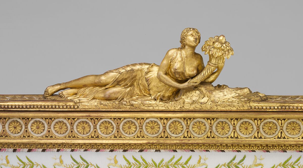 Fire screen (Écran) (part of a set), Jean-Baptiste-Claude Sené (1748–1803), Carved, painted and gilded walnut; modern cotton twill with silk embroidery, French, Paris