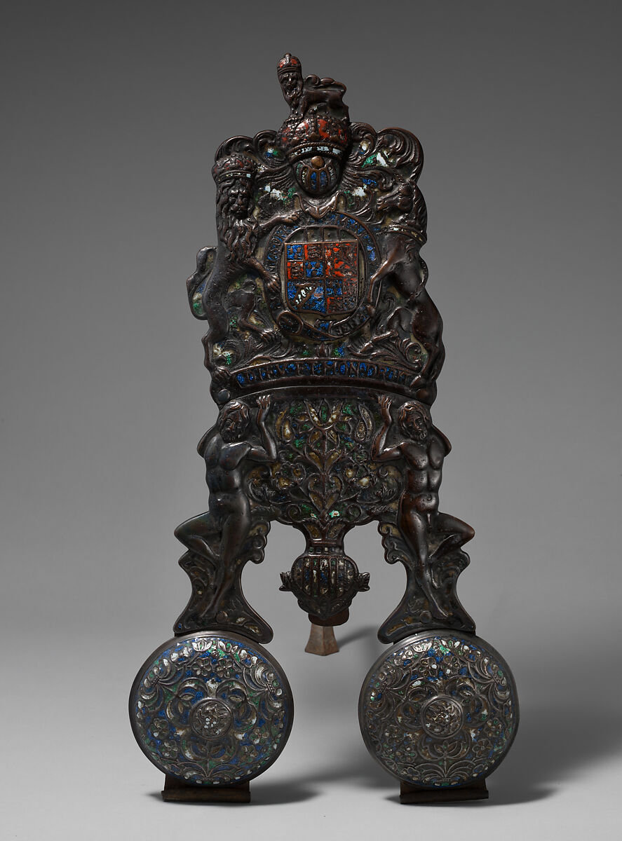 Pair of andirons, Enamel on brass, British