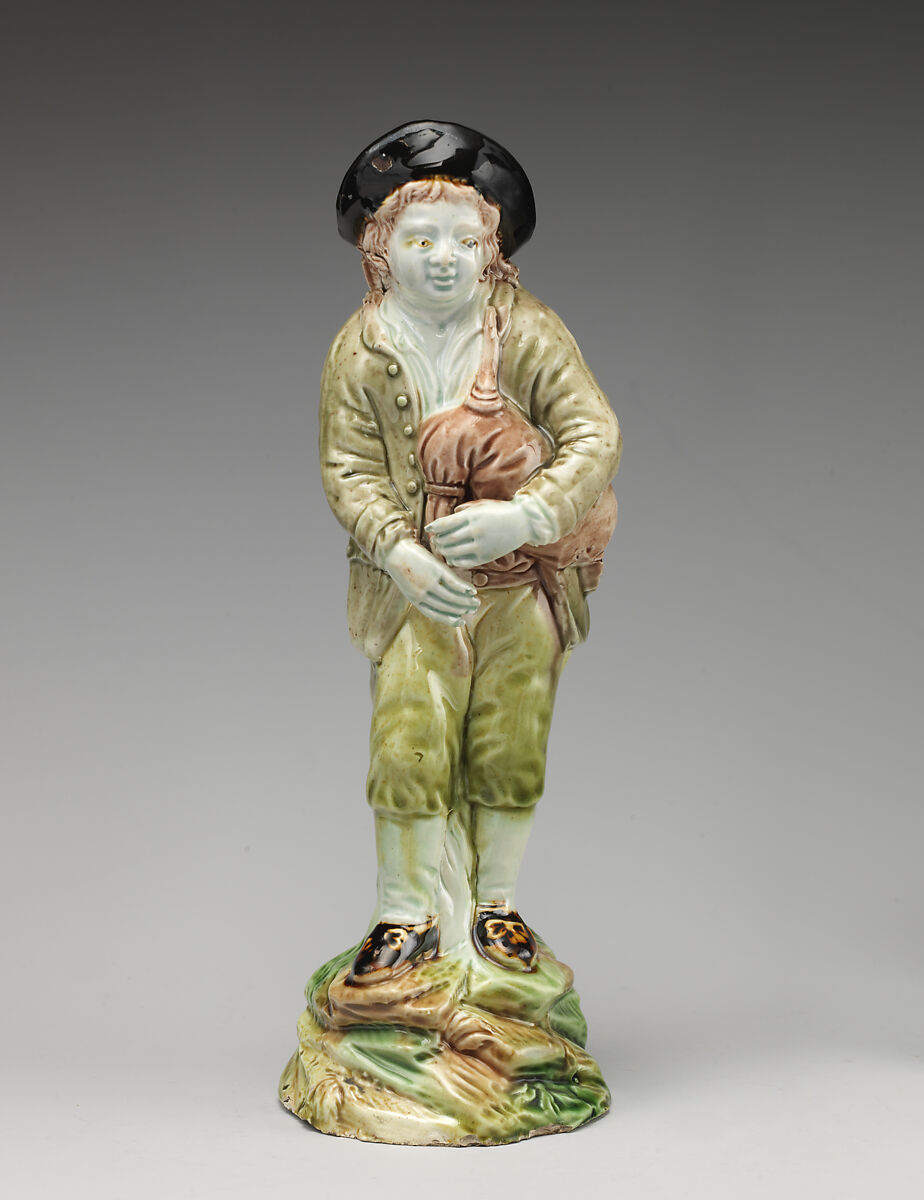 Boy with bagpipes, Ralph Wood the Younger (British, Burslem 1748–1795 Burslem), Lead-glazed earthenware, British, Burslem, Staffordshire 