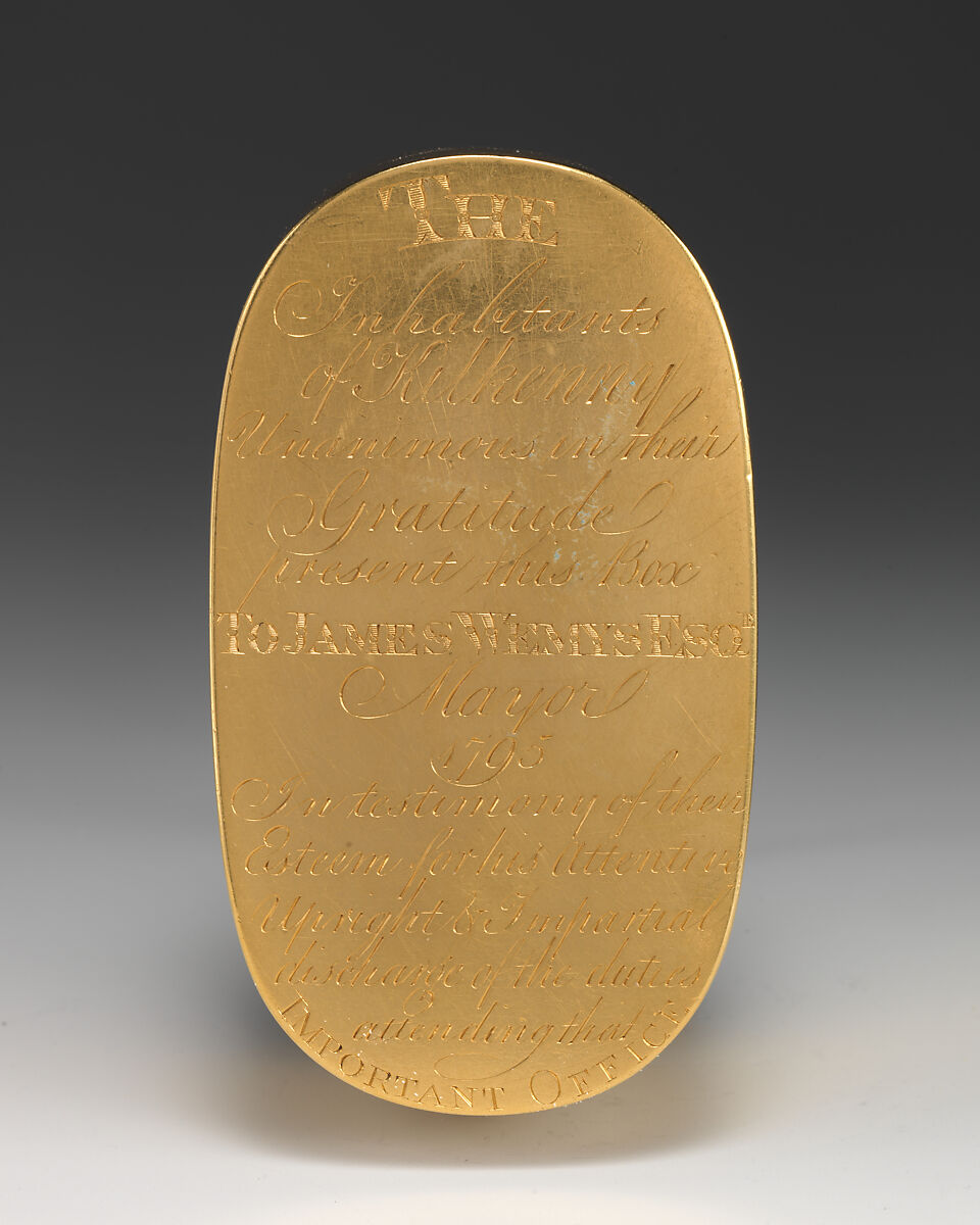 Snuffbox with presentation inscription, James Kennedy (Quarter Brother 1768, died 1803), Gold, Irish, Dublin