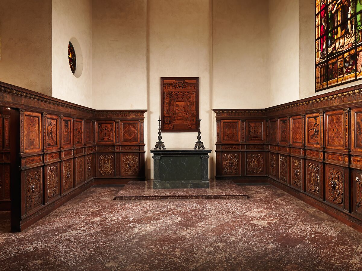 Chapel from Le Château de la Bastie d'Urfé, Fra Damiano da Bergamo (Damiano di Antoniolo de Zambelli) (Italian, Bergamo ca. 1480–1549  Bologna) and his workshop, Walnut and intarsia of various woods, Italian, Bologna 