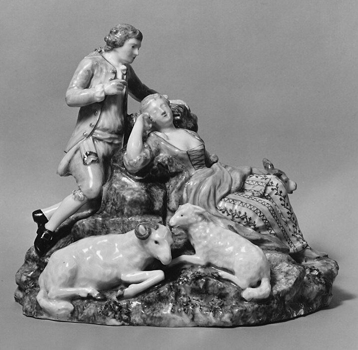 Cavalier and Sleeping Shepherdess, Royal Porcelain Manufactory (Danish, 1775–present), Hard-paste porcelain, Danish, Copenhagen 