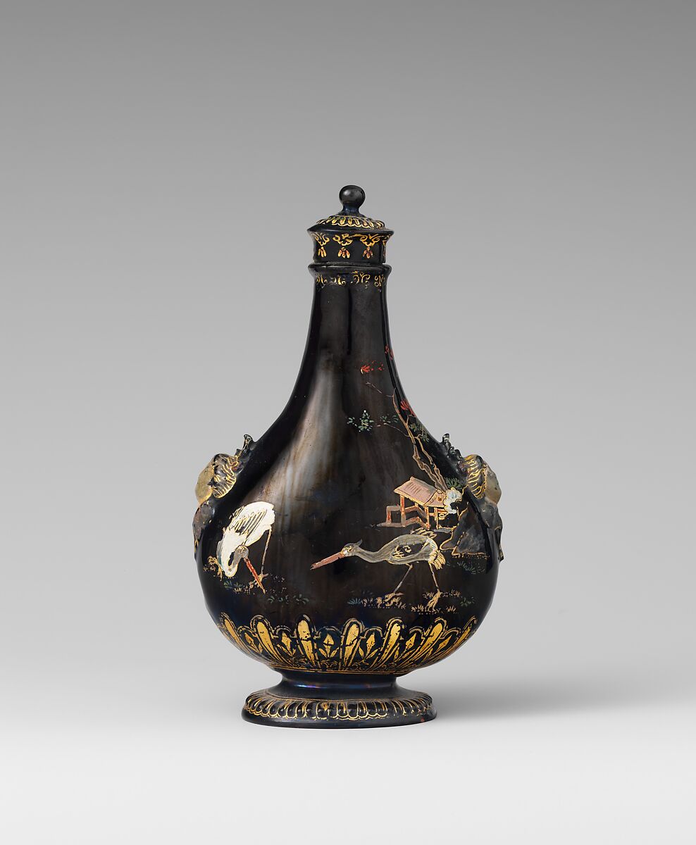 Pilgrim bottle with cover, Meissen Manufactory (German, 1710–present), Red stoneware with black glaze and unfired colors, German, Meissen