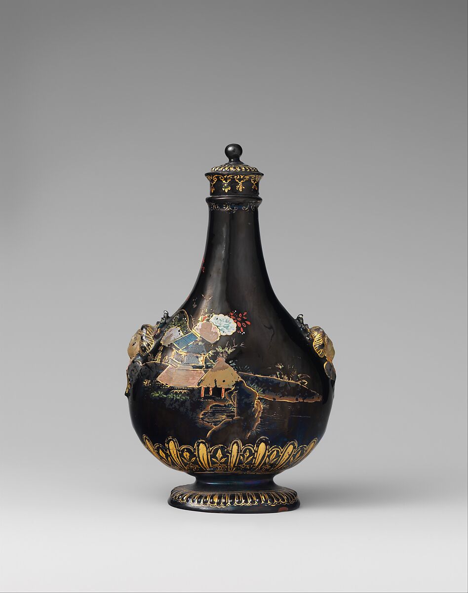 Pilgrim bottle with cover, Meissen Manufactory (German, 1710–present), Red stoneware with black glaze and unfired colors, German, Meissen 