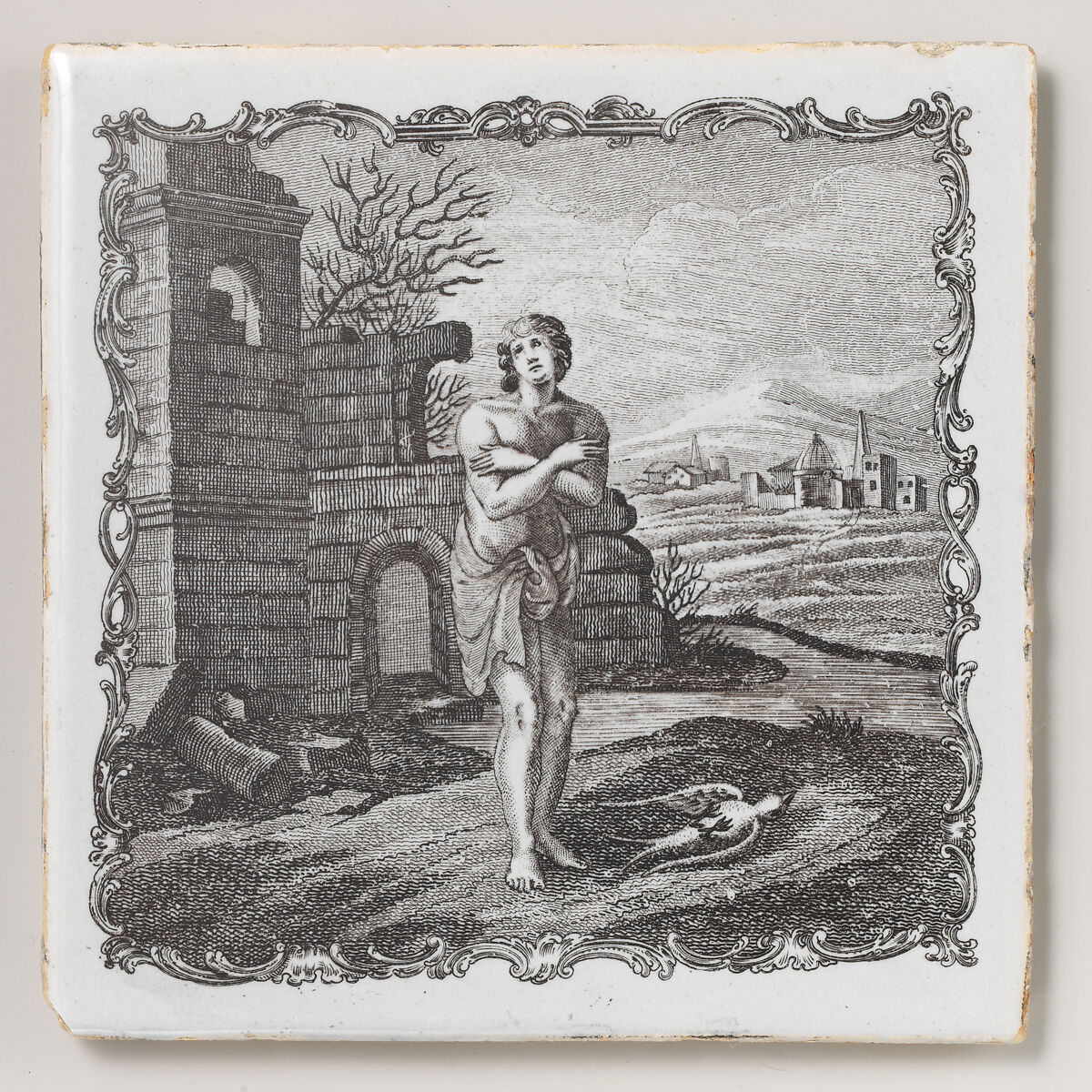 Set of twelve tiles with scenes from Aesop's Fables, Tin-glazed earthenware, British, Liverpool