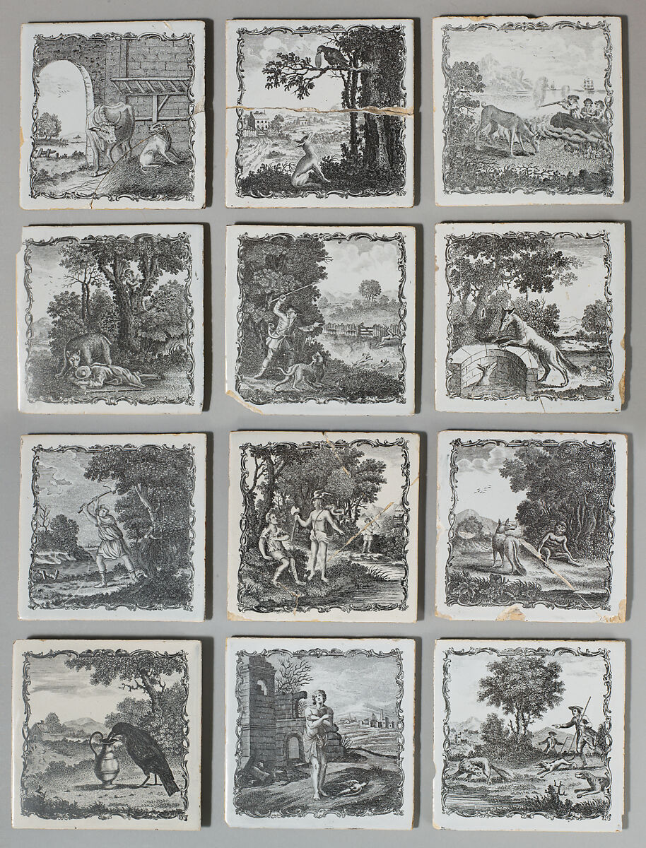 Set of twelve tiles with scenes from Aesop's Fables, Tin-glazed earthenware, British, Liverpool 