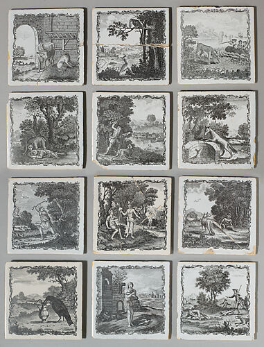 Set of twelve tiles with scenes from Aesop's Fables