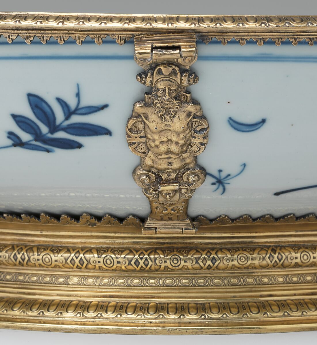 Mounted dish with figures in a landscape from Burghley House, Lincolnshire, Hard-paste porcelain, gilded silver, British, London mounts and Chinese porcelain