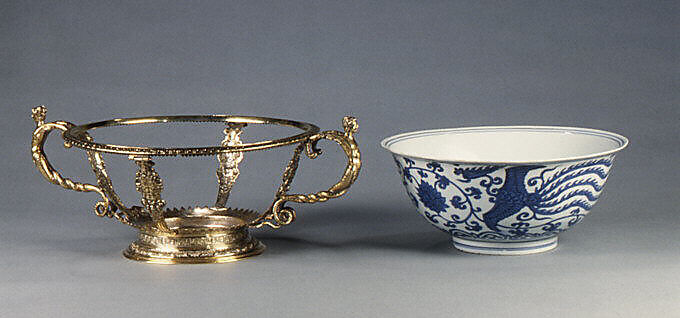 Two-handled bowl from Burghley House, Lincolnshire, Hard-paste porcelain, gilded silver, British, London mounts and Chinese porcelain