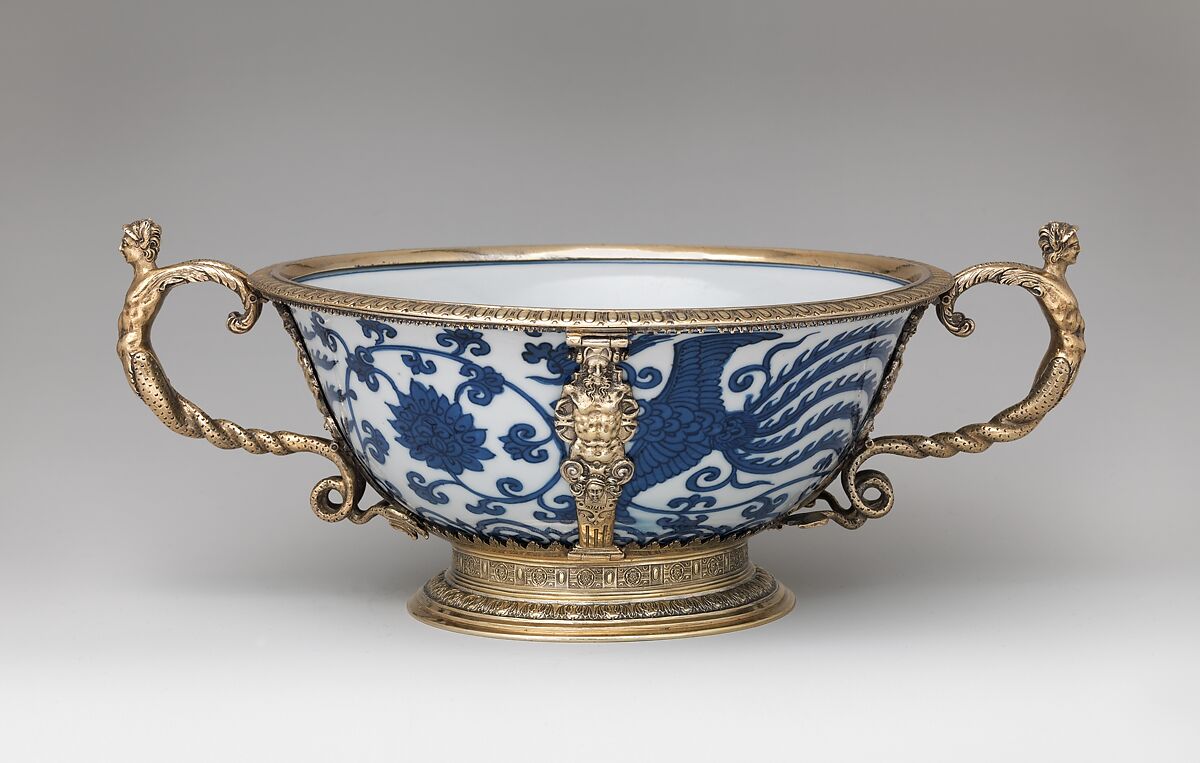 Two-handled bowl from Burghley House, Lincolnshire, Hard-paste porcelain, gilded silver, British, London mounts and Chinese porcelain 