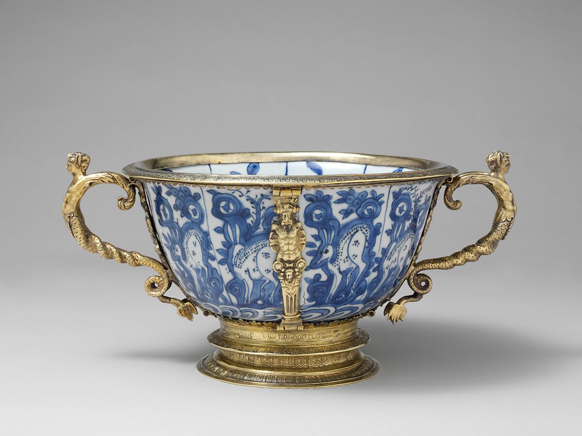 Two-handled bowl from Burghley House, Lincolnshire, Hard-paste porcelain, gilded silver, British, London mounts and Chinese porcelain 