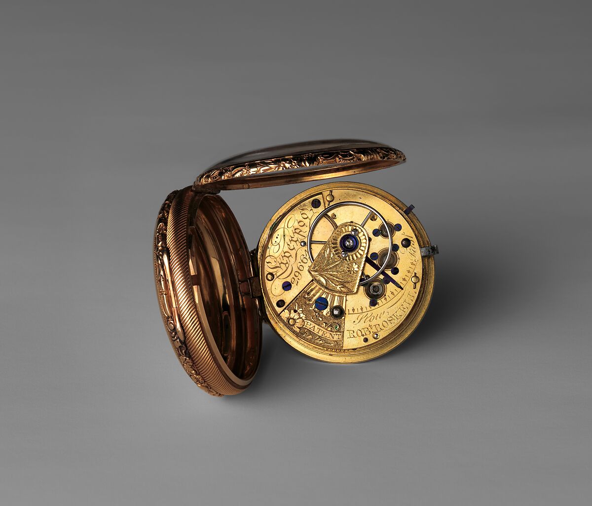 Pocket watch, Watchmaker: Robert Roskell (British, active 1790–1847), Case: gold; Dial: gold with gold and steel hands; Movement: partly gilded brass, partly blued steel, and diamond, British, Liverpool