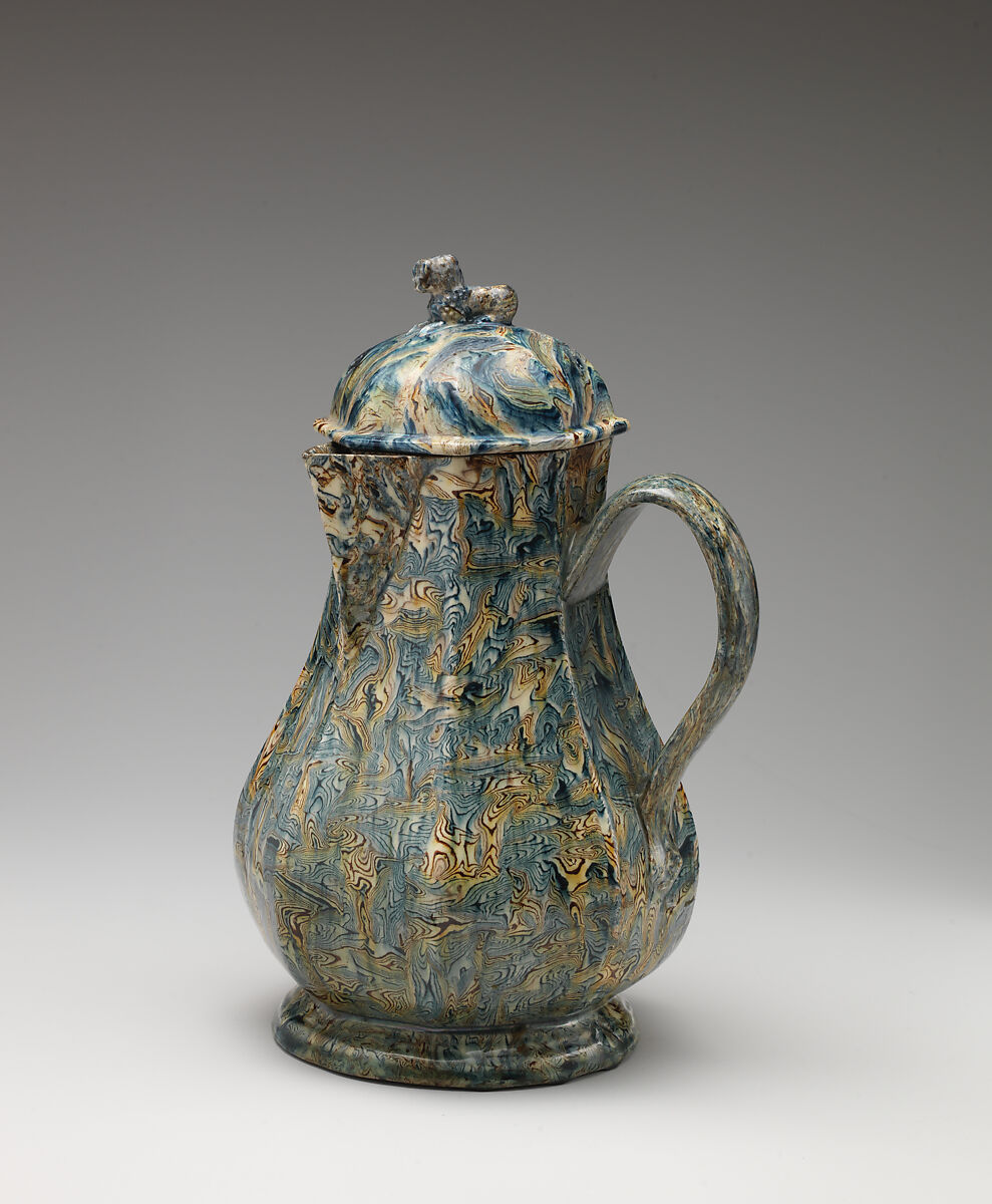 Coffeepot, Lead-glazed earthenware (agateware), British, Staffordshire 