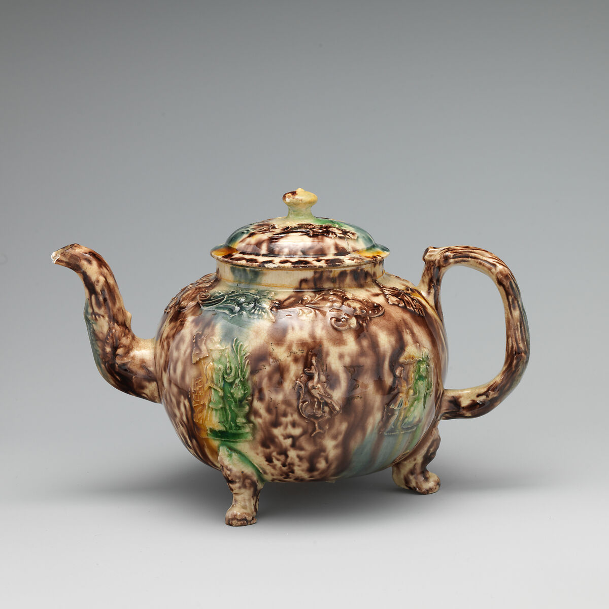 Teapot, Style of Whieldon type, Lead-glazed earthenware, British, Staffordshire 
