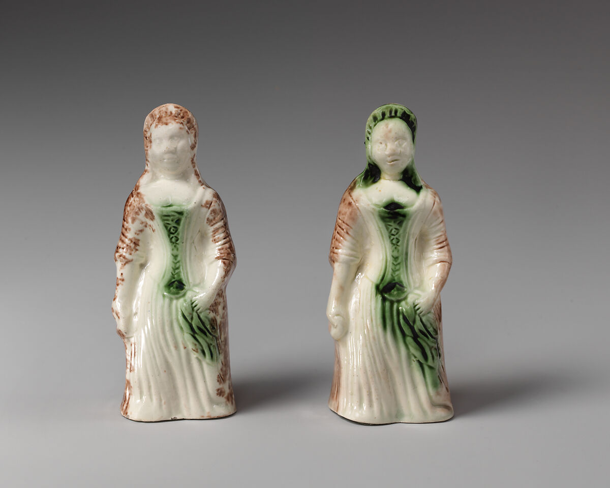 Pair of standing women, Style of Whieldon type, Lead-glazed earthenware, British, Staffordshire 