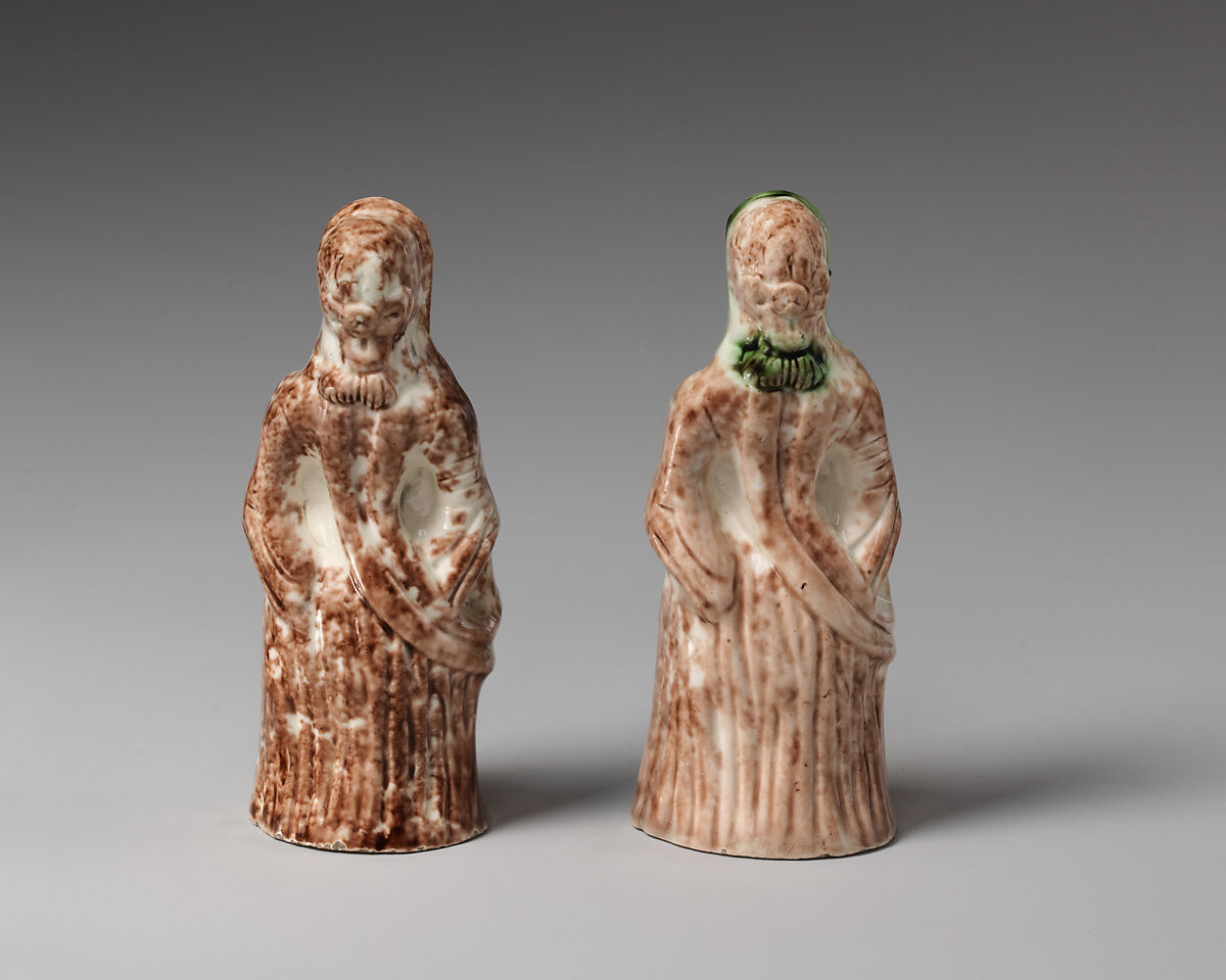 Pair of standing women, Style of Whieldon type, Lead-glazed earthenware, British, Staffordshire