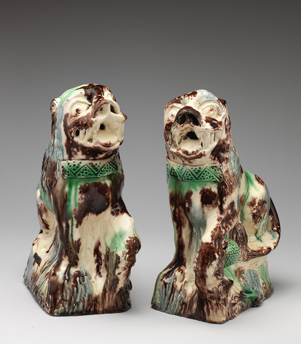 Pair of Chinese dogs of Foo, Style of Whieldon type, Lead-glazed earthenware, British, Staffordshire 