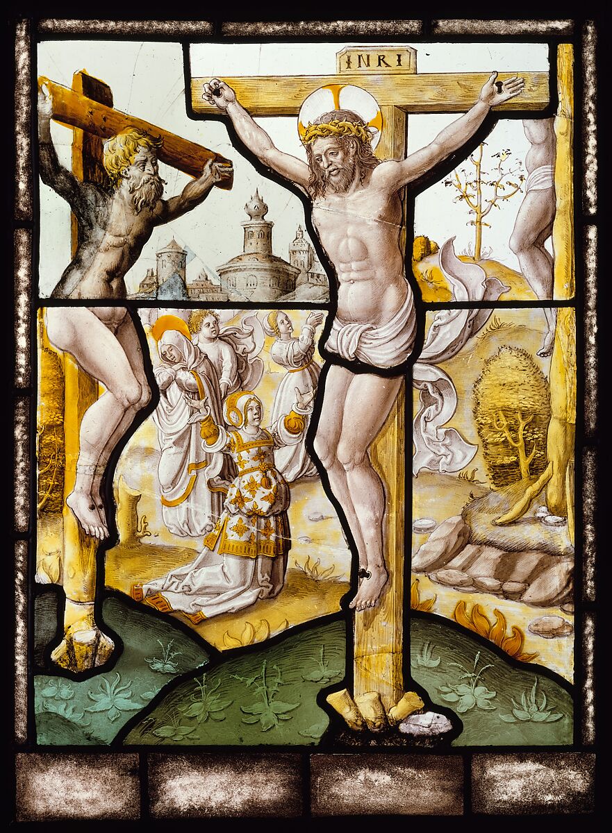 The Crucifixion (one of a set of 12 scenes from The Life of Christ), Stained glass, Flemish, Leuven 