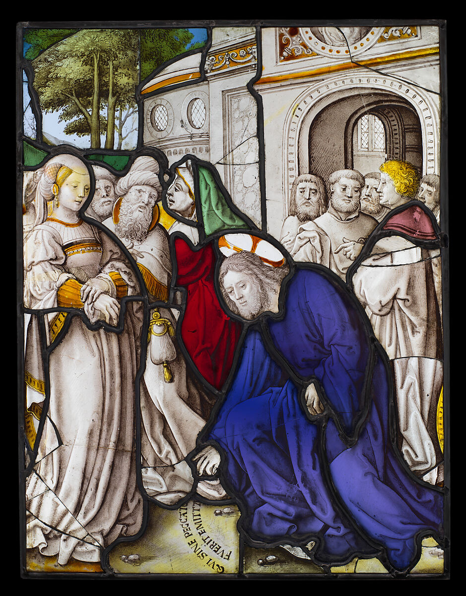 Christ and the Woman Taken in Adultery (one of a set of 12 scenes from The Life of Christ), Jan Rombouts  South Netherlandish (Duchy of Brabant), Stained glass, Flemish, Leuven
