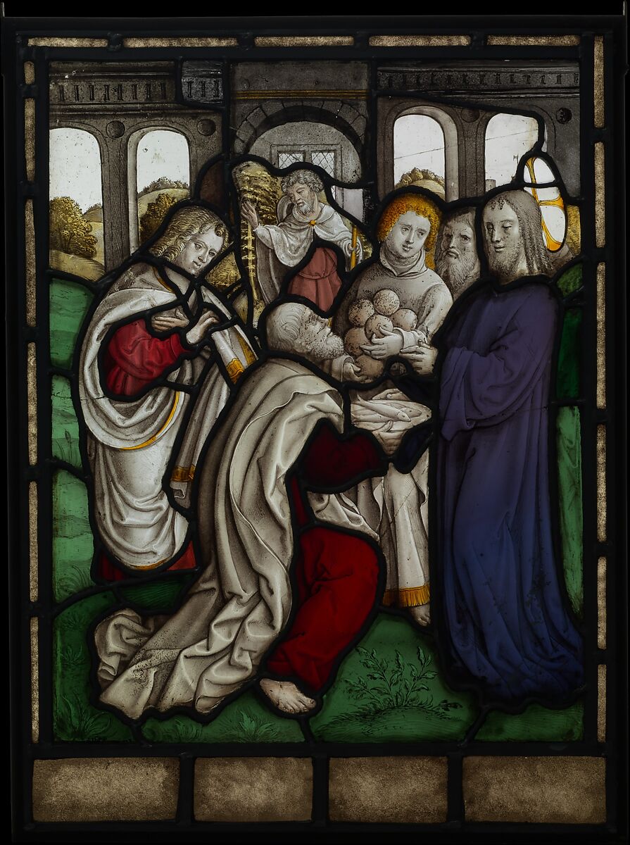 Miracle of the Loaves and Fishes (one of a set of 12 scenes from The Life of Christ), Jan Rombouts (South Netherlandish (Duchy of Brabant), 1475–1535), Stained glass, Flemish, Leuven