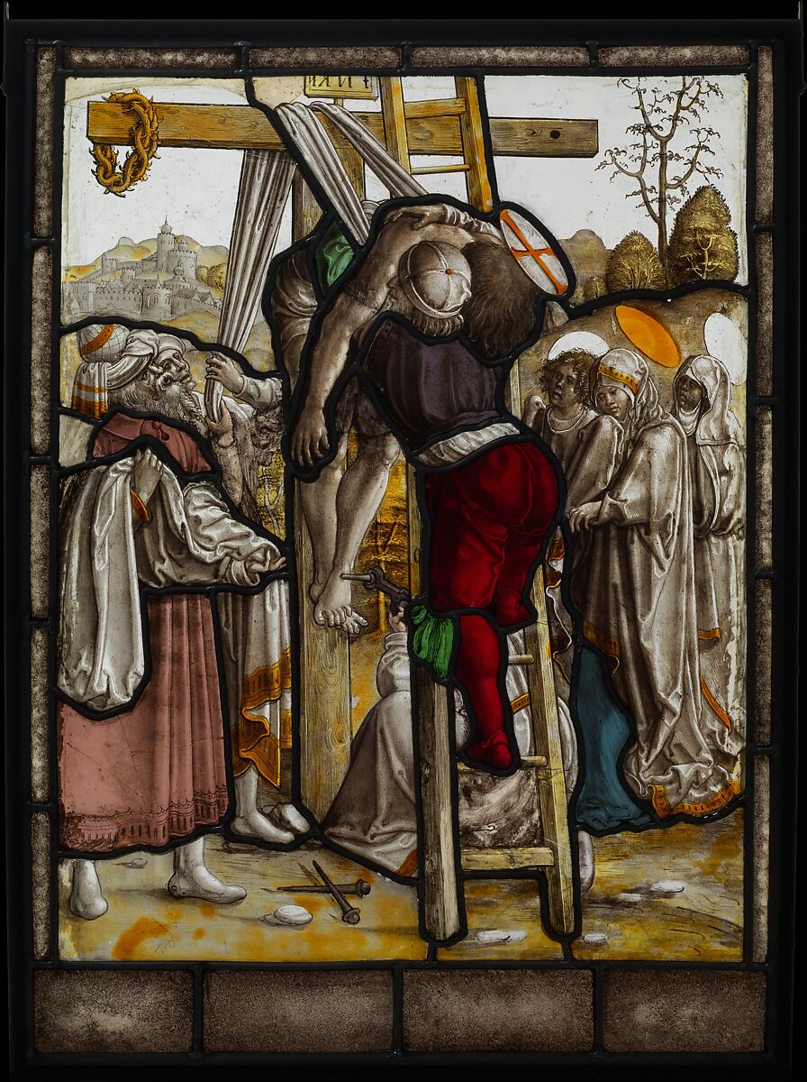 The Descent from the Cross (one of a set of 12 scenes from The Life of Christ), Stained glass, Flemish, Leuven