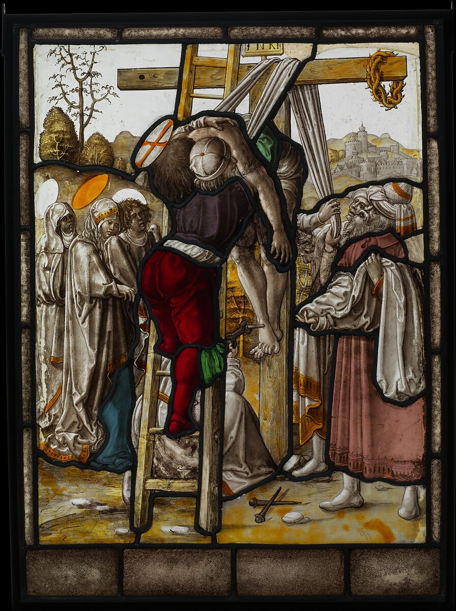 The Descent from the Cross (one of a set of 12 scenes from The Life of Christ), Stained glass, Flemish, Leuven 
