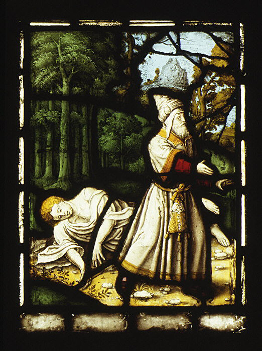 The Levite in the Parable of the Good Samaritan (one of a set of 12 scenes from The Life of Christ), Jan Rombouts (South Netherlandish (Duchy of Brabant), 1475–1535), Stained glass, Flemish, Leuven 