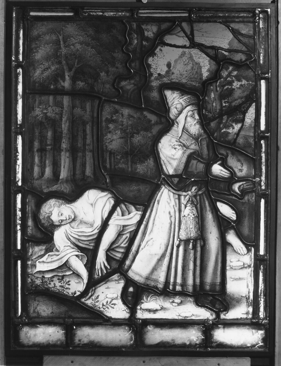 The Levite in the Parable of the Good Samaritan (one of a set of 12 scenes from The Life of Christ), Jan Rombouts (South Netherlandish (Duchy of Brabant), 1475–1535), Stained glass, Flemish, Leuven