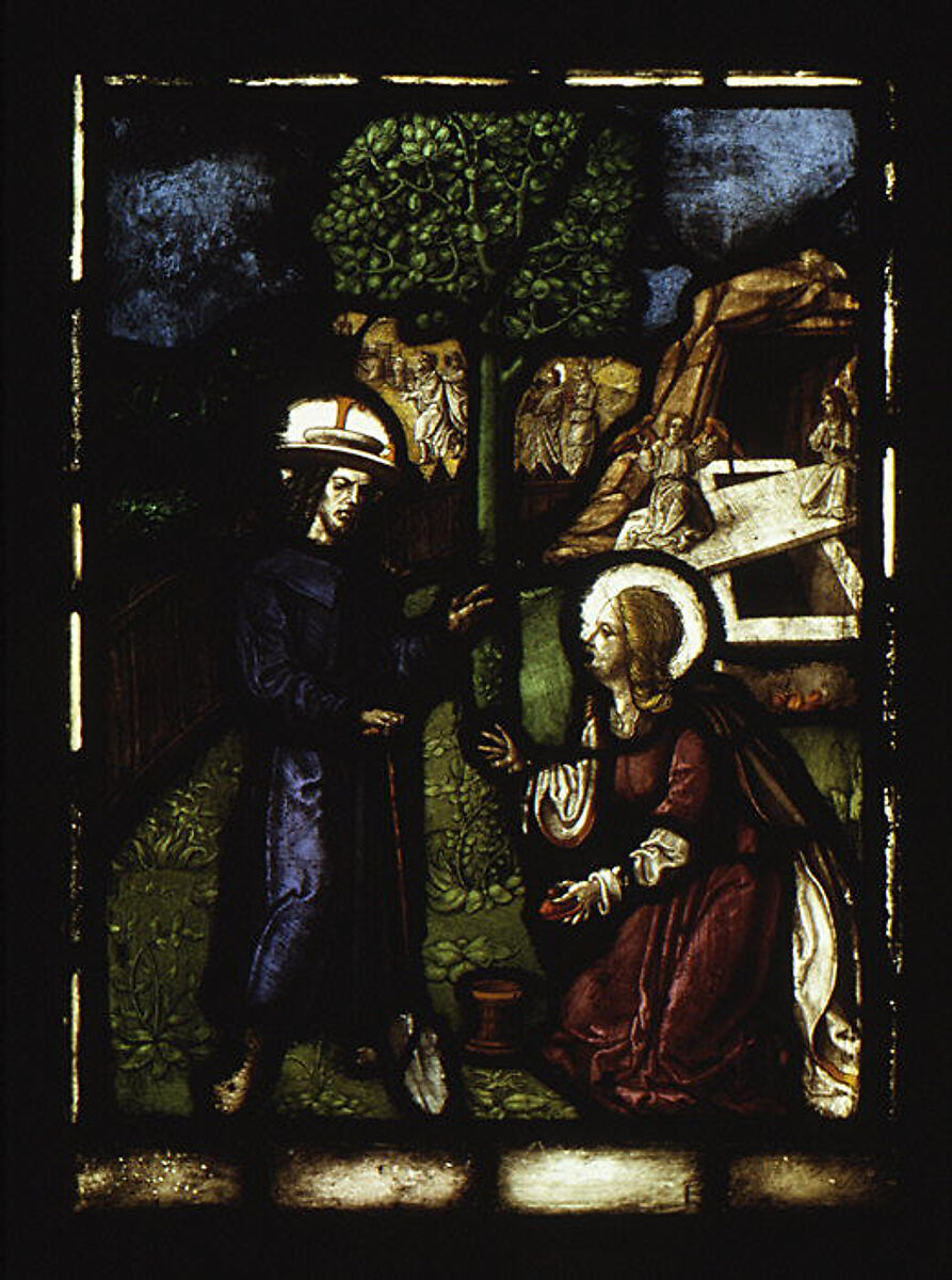 Christ Appearing to Saint Mary Magdalene (one of a set of 12 scenes from The Life of Christ), Stained glass, Flemish, Leuven 