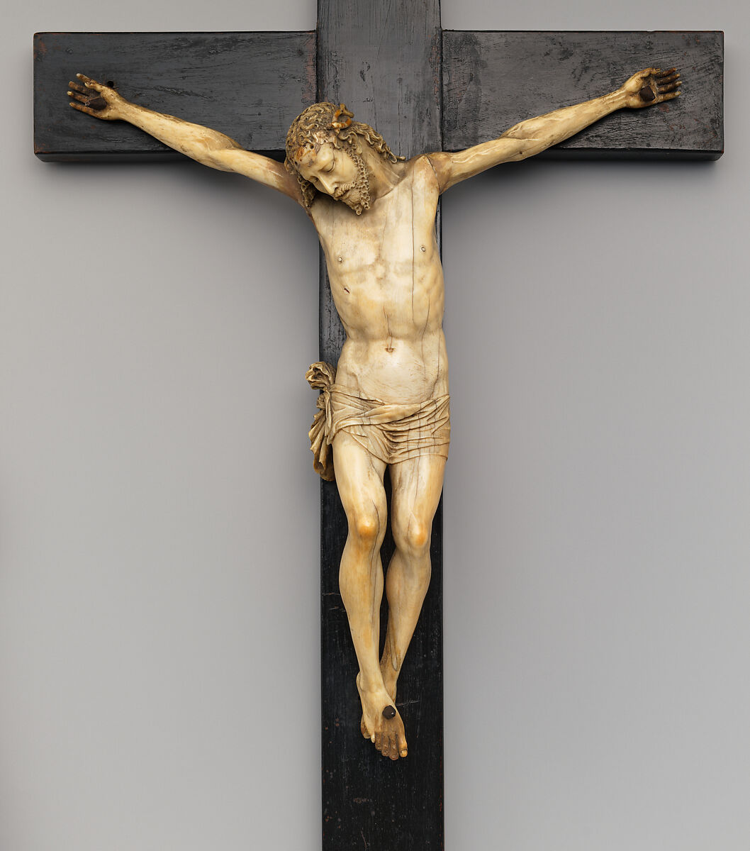Crucifix, Figure: ivory; cross: black wood; scroll: silver, probably German