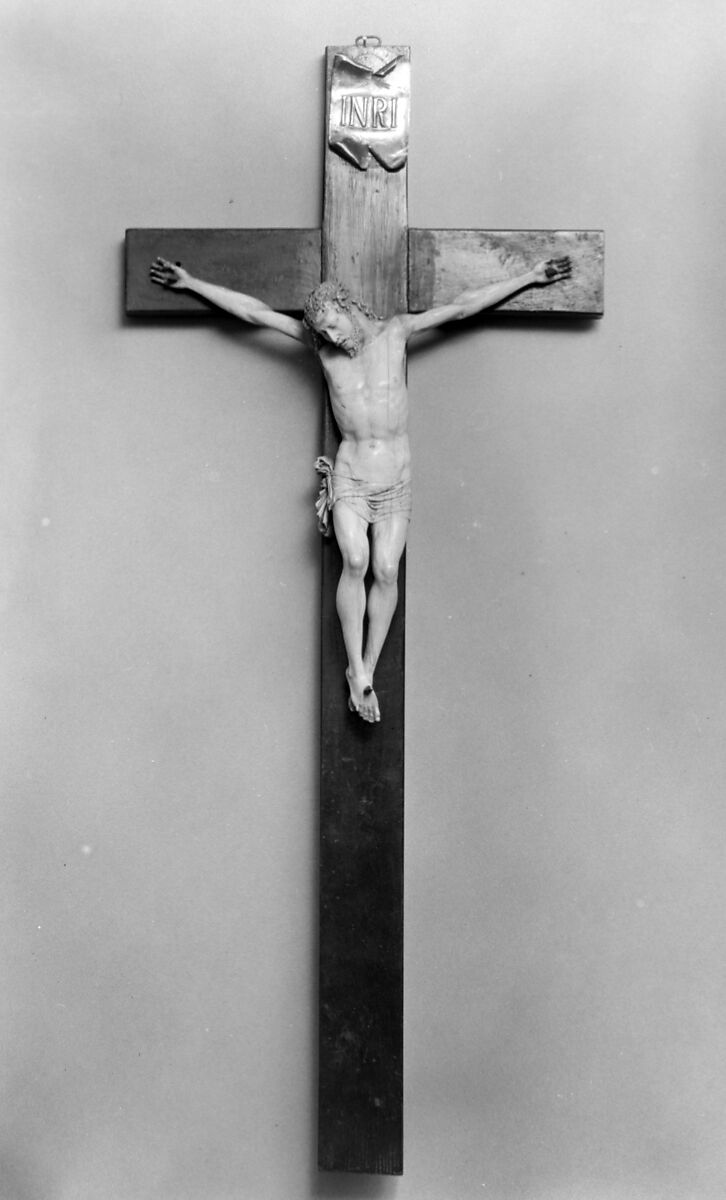 Crucifix, Figure: ivory; cross: black wood; scroll: silver, probably German 