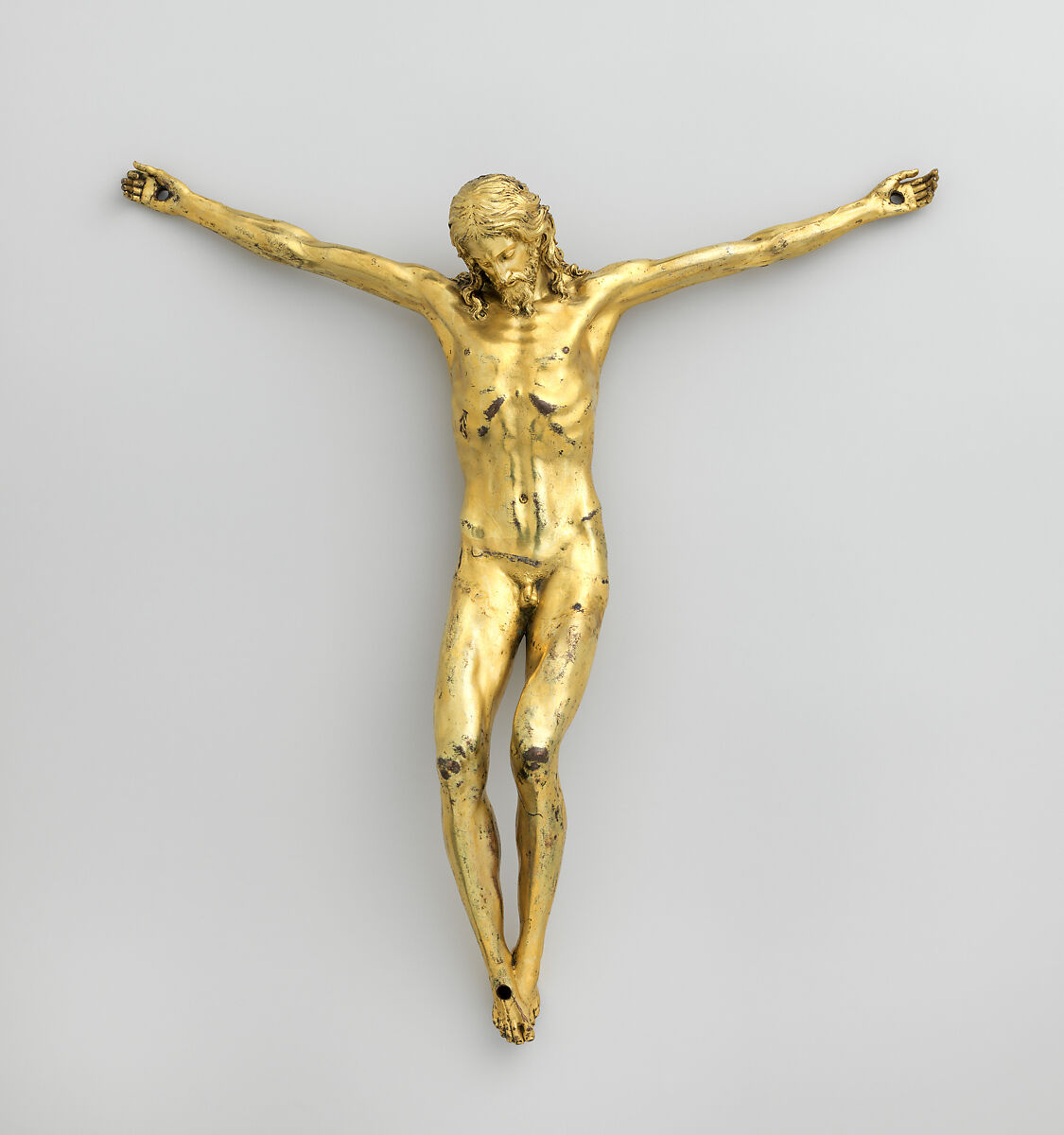 Corpus from a crucifix, Bronze, fire-gilt; silver, Possibly Italian or French