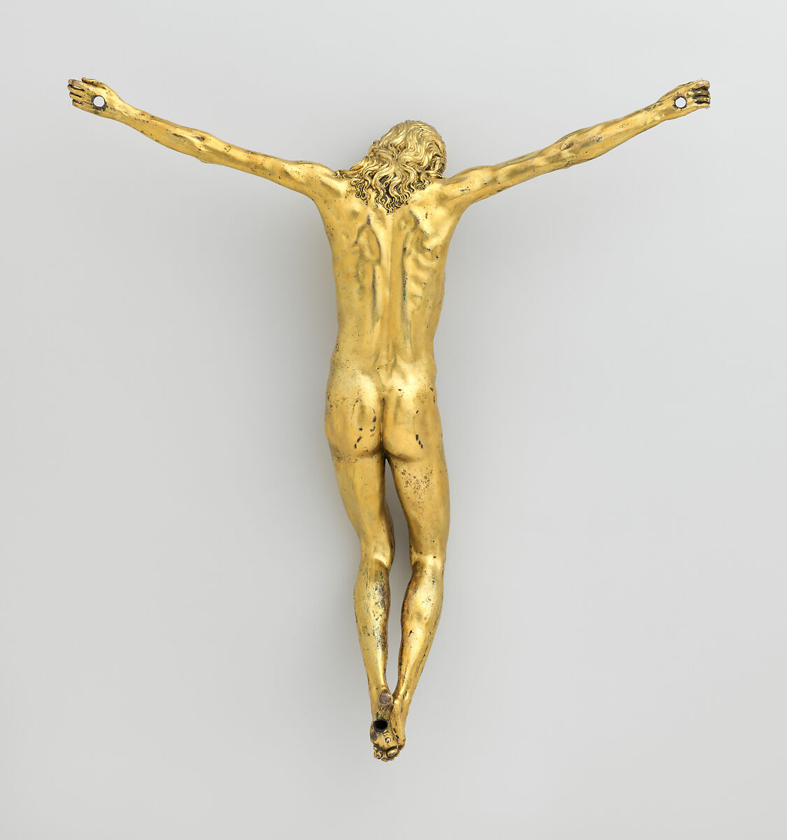 Corpus from a crucifix, Bronze, fire-gilt; silver, Possibly Italian or French