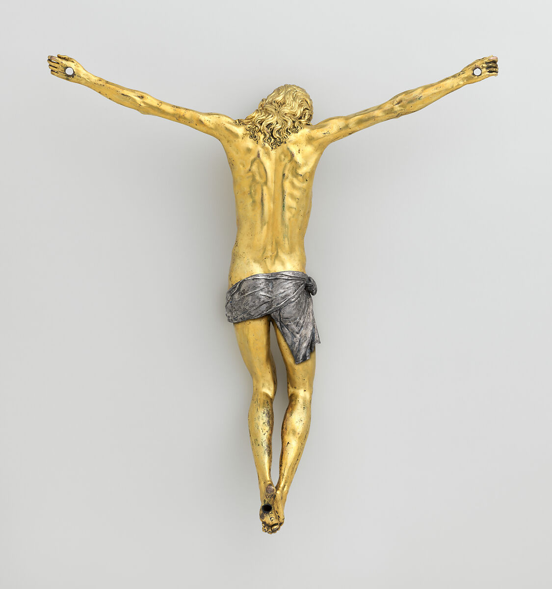 Corpus from a crucifix, Bronze, fire-gilt; silver, Possibly Italian or French