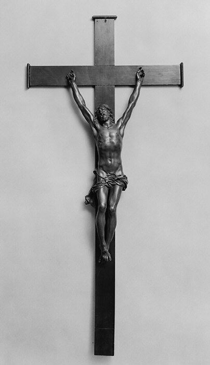 Crucifix, Figure: boxwood, polished; cross: black wood (modern), German 