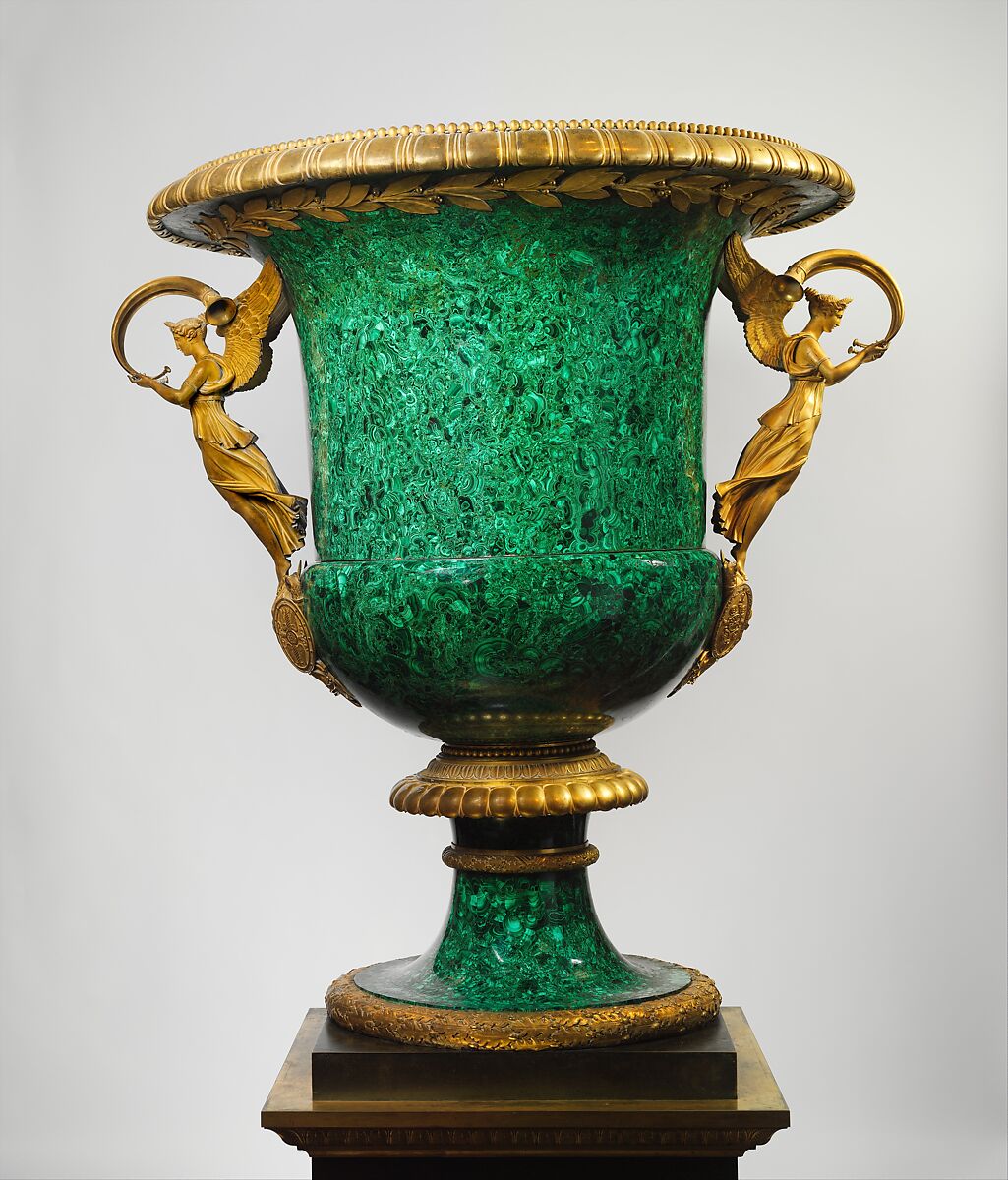 Monumental vase, Pedestal and mounts by Pierre Philippe Thomire (French, Paris 1751–1843 Paris), Russian malachite, composite filling material; gilt-bronze mounts; bronze pedestal, probably Italian, Florence and French, Paris 