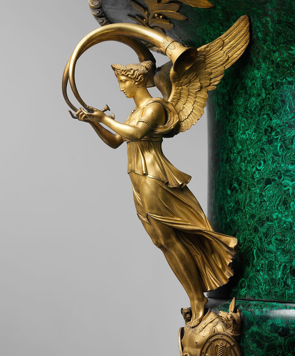 Monumental vase, Pedestal and mounts by Pierre Philippe Thomire (French, Paris 1751–1843 Paris), Russian malachite, composite filling material; gilt-bronze mounts; bronze pedestal, probably Italian, Florence and French, Paris
