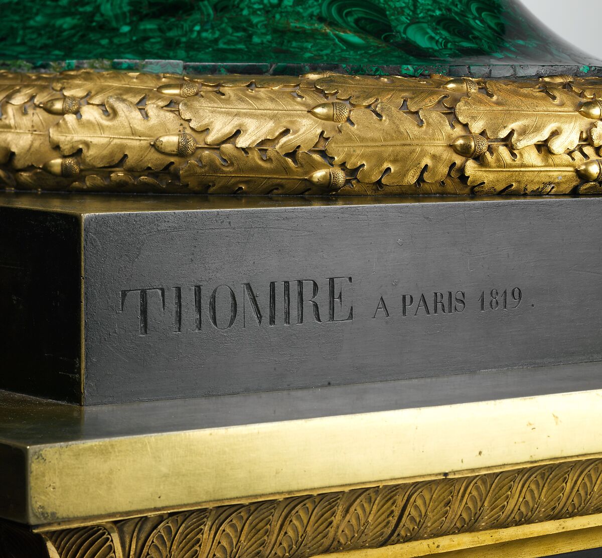 Monumental vase, Pedestal and mounts by Pierre Philippe Thomire (French, Paris 1751–1843 Paris), Russian malachite, composite filling material; gilt-bronze mounts; bronze pedestal, probably Italian, Florence and French, Paris