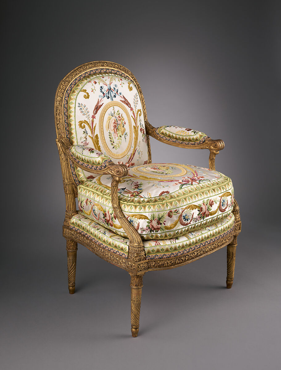 Armchair (fauteuil à la reine), Jacques Gondouin, Carved and gilded beech; modern silk lampas, French, Paris