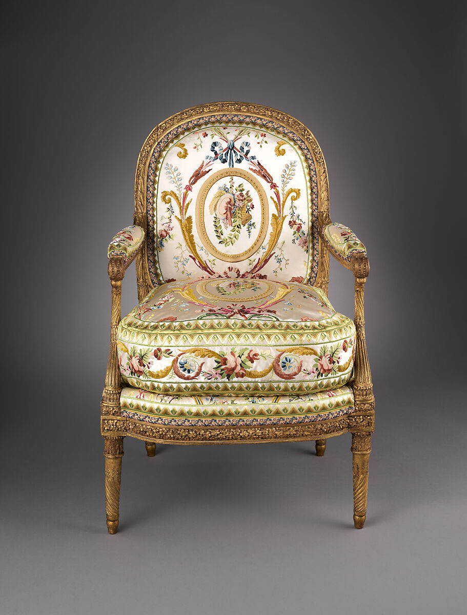 Armchair (fauteuil à la reine), Jacques Gondouin (1737–1818), Carved and gilded beech; modern silk lampas, French, Paris