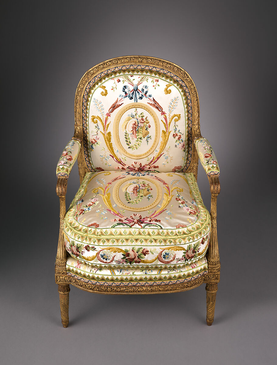 Armchair (fauteuil à la reine), Jacques Gondouin (1737–1818), Carved and gilded beech; modern silk lampas, French, Paris
