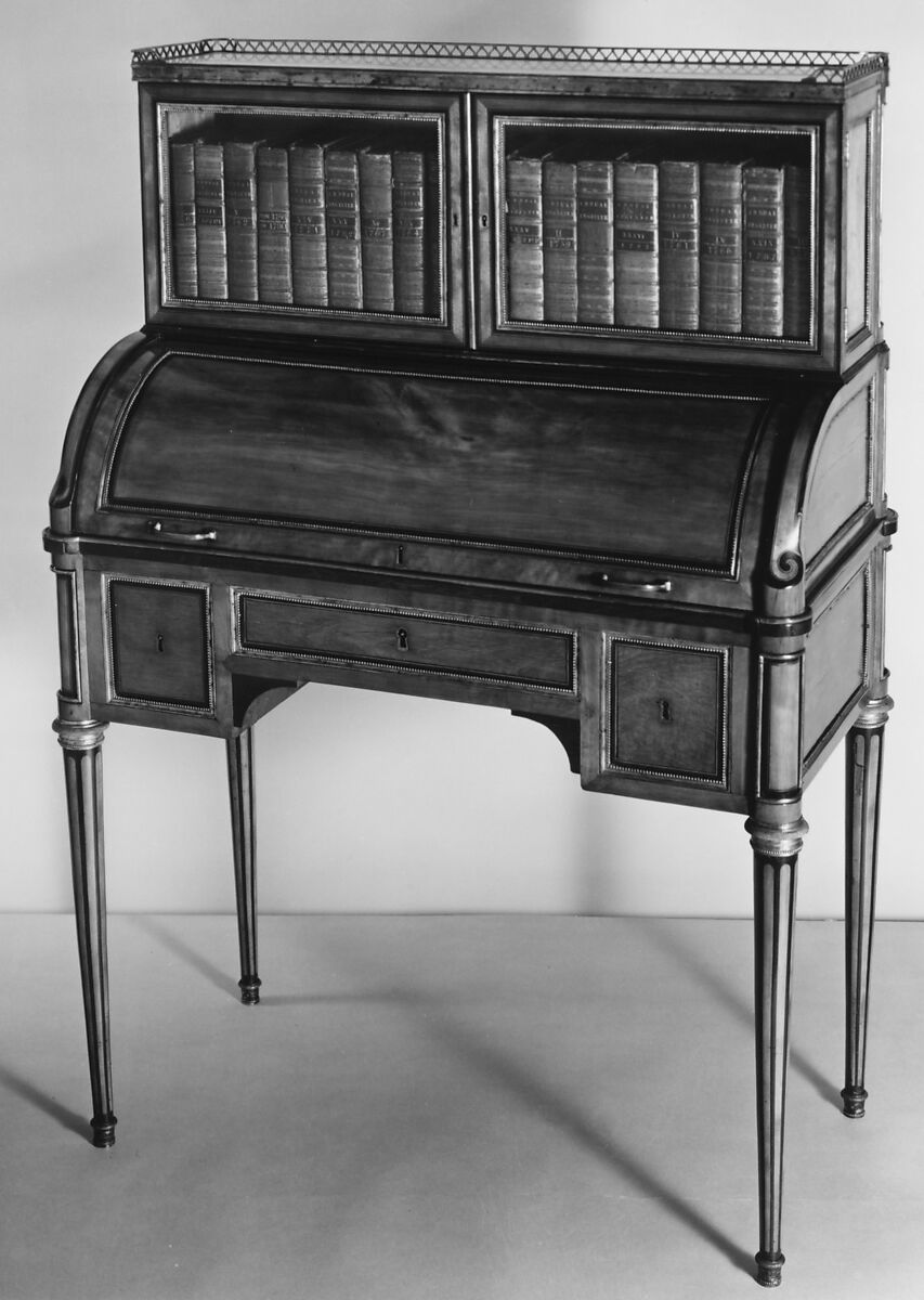 Cylinder-fall desk with cabinet top, Satinwood, purplewood, gilt bronze, marble, French